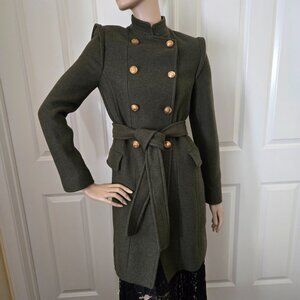 Zara Wool Blend Military Belted Coat SZ XS Army Green